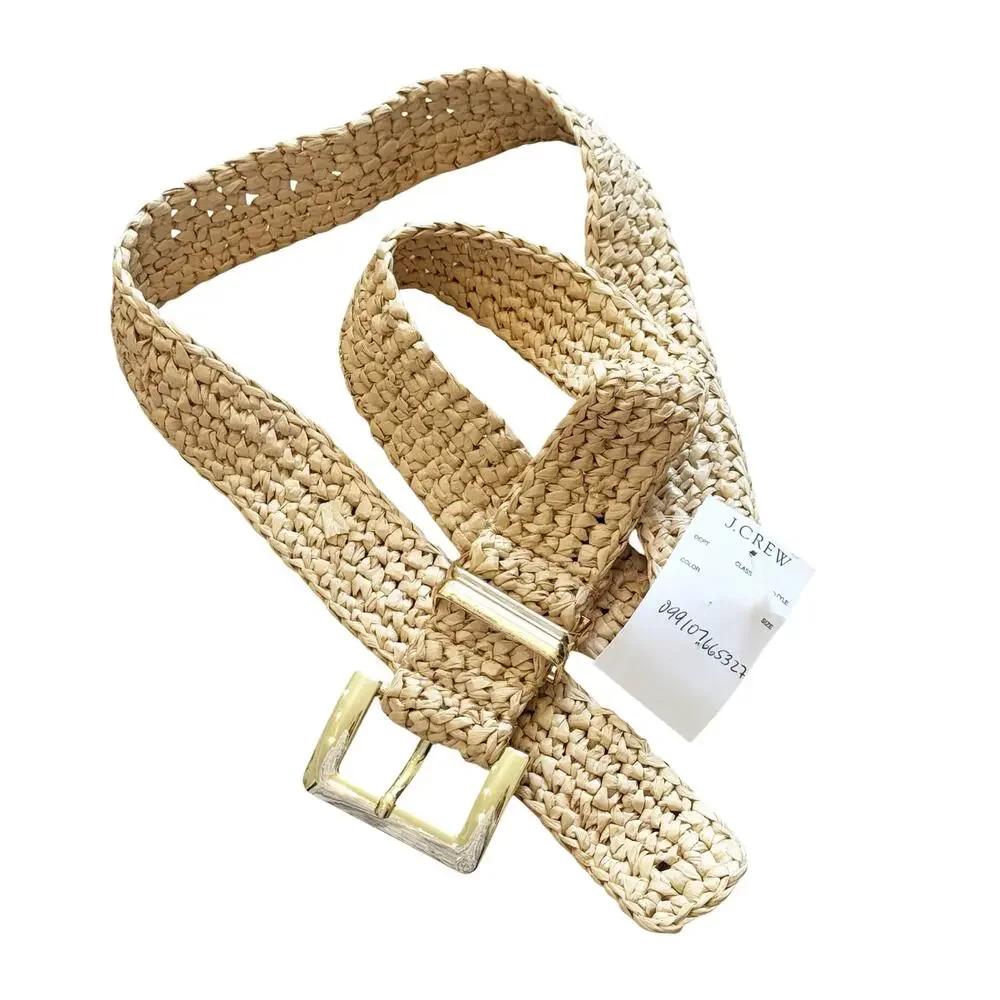 J. Crew Women’s Classic Woven Belt Leather Trim Gold Buckle Hickory Brown NWT - Picture 2 of 10
